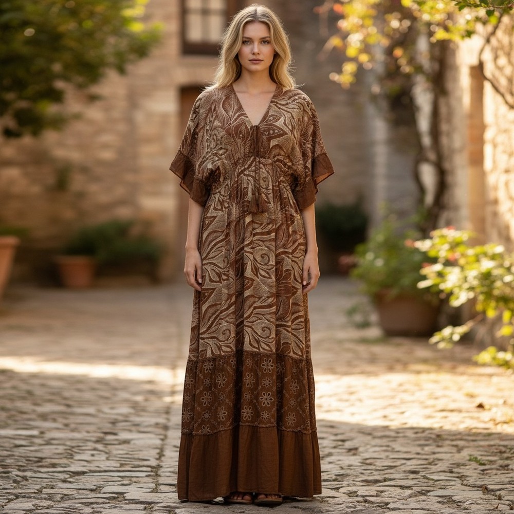 Zury Women's Brown Bohemian Eyelet Embroidered Romantic Flowy Maxi Dress Resort